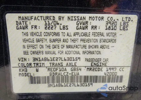 2007 Nissan Sentra 2.0 z USA, uszkodzony, nr VIN 3N1AB61E27L630159